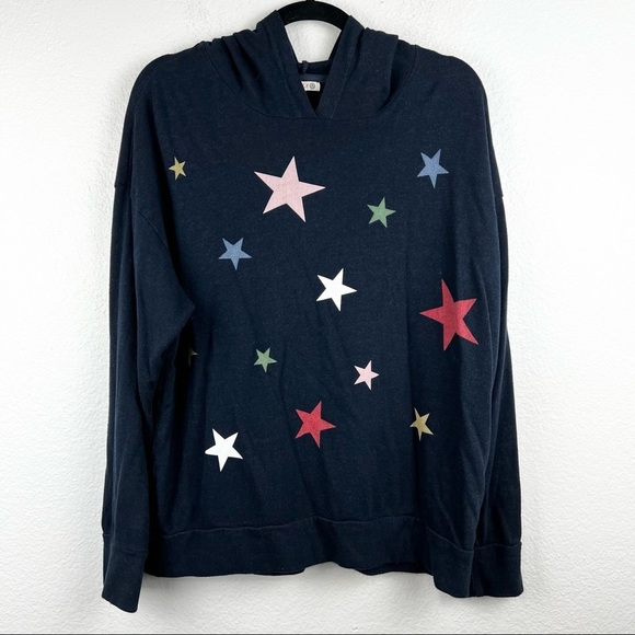 SUNDRY Navy Blue Hoodie with Multicolored Star Print Graphic, Size 3 (Large) - Picture 2 of 7